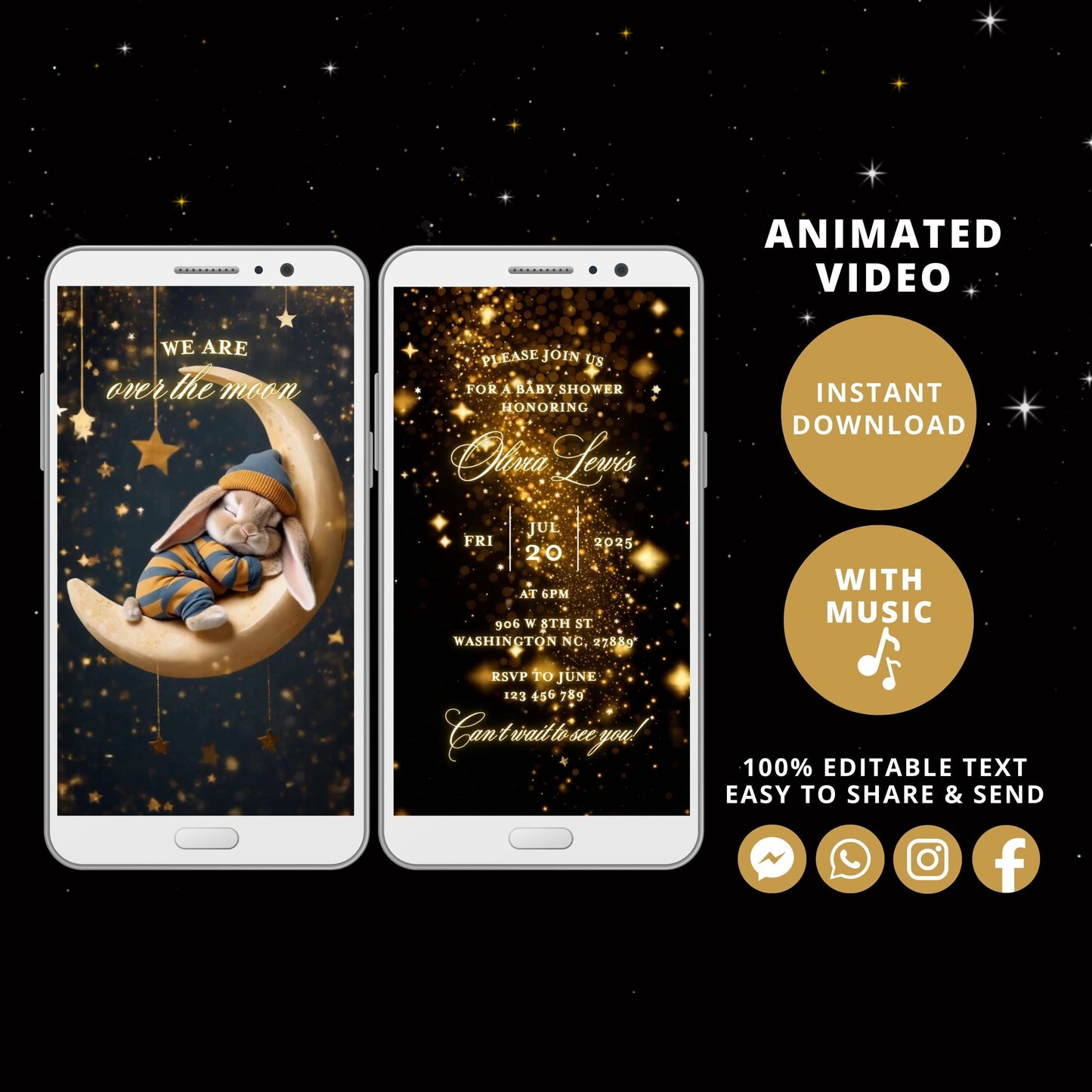 Baby Shower Electronic Invite Over the moon Video Glitter Animated, Baby Shower Digital Invite, baby shower e-vite neutral, Edit in Canva - SAVVY PAPER CO