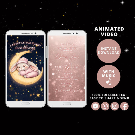 Baby Shower Electronic Invite, Sweet little Bunny is on the way Animated, Baby Shower Digital Invite, baby shower e-vite pink, Edit in Canva - SAVVY PAPER CO