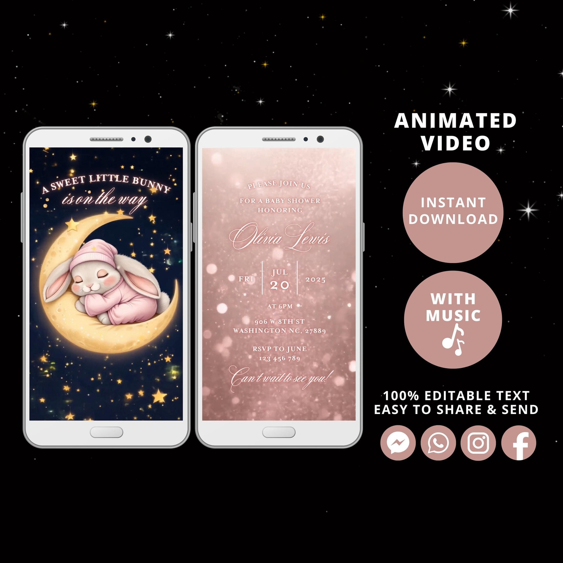 Baby Shower Electronic Invite, Sweet little Bunny is on the way Animated, Baby Shower Digital Invite, baby shower e-vite pink, Edit in Canva - SAVVY PAPER CO