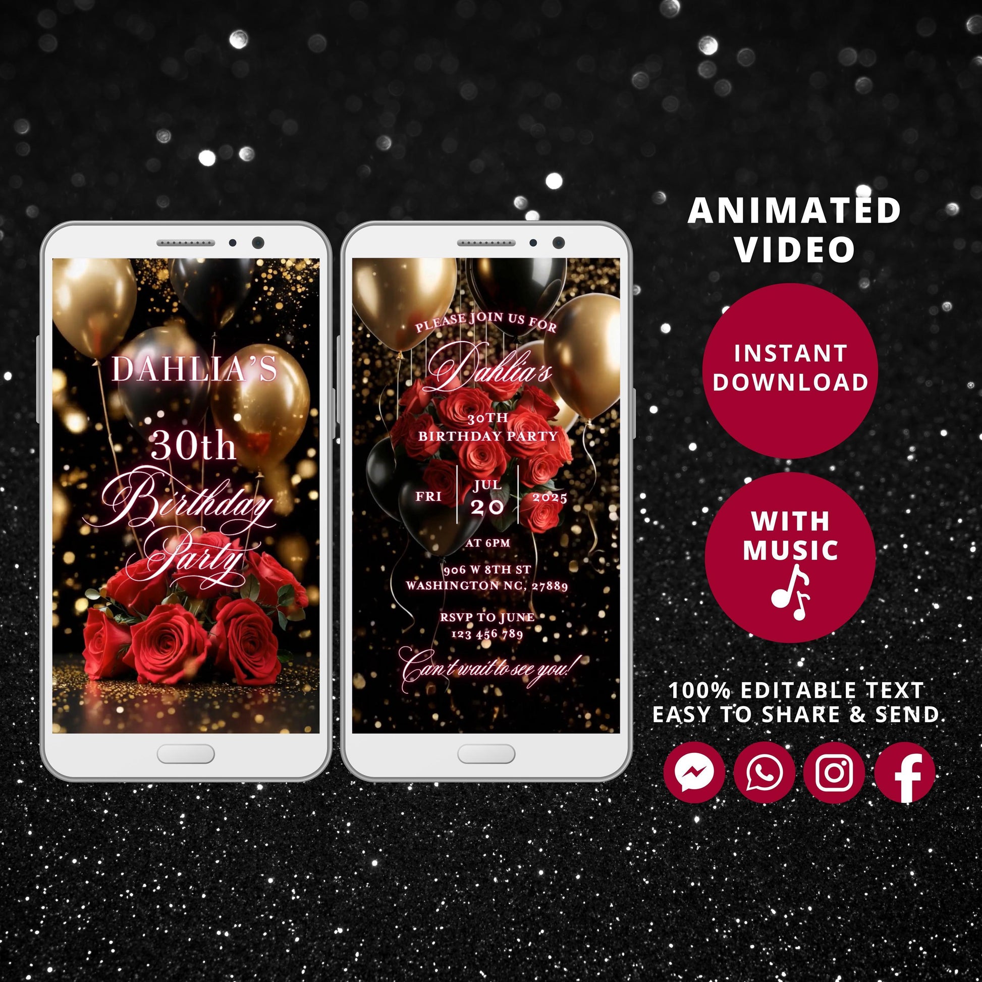 Digital birthday dinner invitation, women birthday invitation Party, Animated Red Rose Gold Floral Birthday video Invite, Editable Template - SAVVY PAPER CO