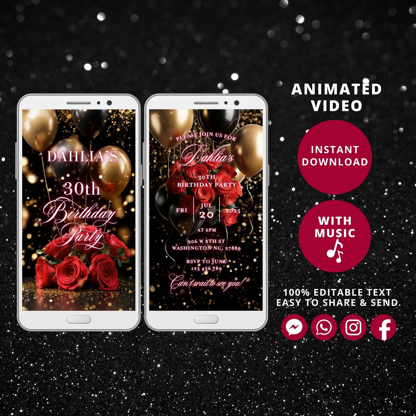 Digital birthday dinner invitation, women birthday invitation Party, Animated Red Rose Gold Floral Birthday video Invite, Editable Template - SAVVY PAPER CO