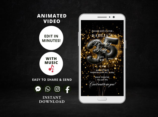 Digital birthday dinner invitation,women birthday invitation Party, Animated Black and Gold Balloons Birthday video Invite,Editable Template - SAVVY PAPER CO