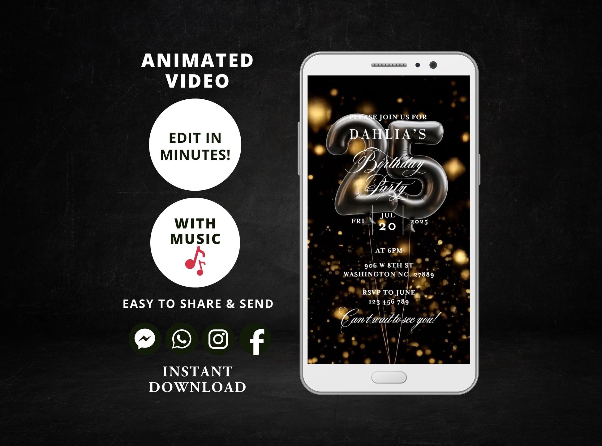 Digital birthday dinner invitation,women birthday invitation Party, Animated Black and Gold Balloons Birthday video Invite,Editable Template - SAVVY PAPER CO