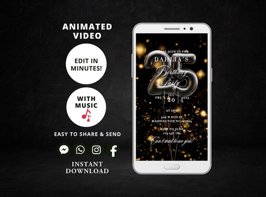 Digital birthday dinner invitation,women birthday invitation Party, Animated Black and Gold Balloons Birthday video Invite,Editable Template - SAVVY PAPER CO