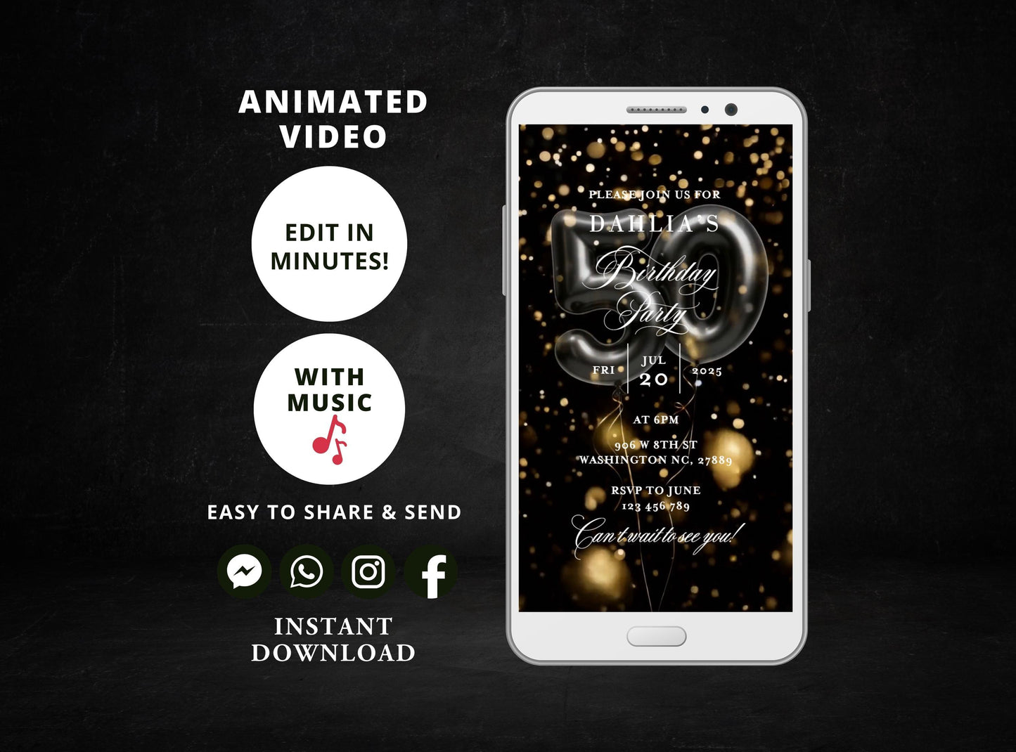 Digital birthday dinner invitation,women birthday invitation Party, Animated Black and Gold Balloons Birthday video Invite,Editable Template - SAVVY PAPER CO