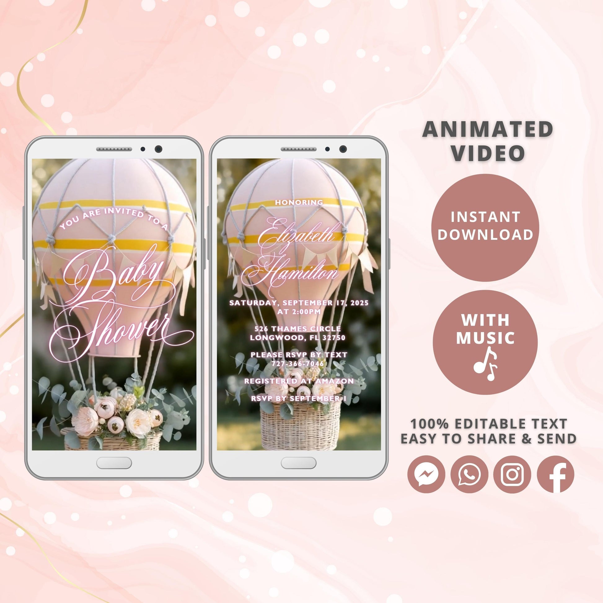 Hot air balloon Baby Shower Video Invitation, Animated Girl Invite, Editable Party Invite, Digital Invitation Template, Instant Download - SAVVY PAPER CO