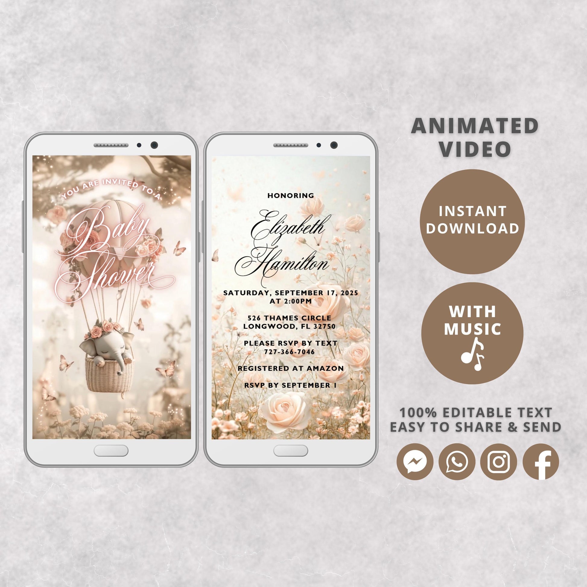 Elephant Hot air balloon Baby Shower Video Invitation, Animated Girl Invite, Editable Party Invite, Digital Invitation Template Download - SAVVY PAPER CO