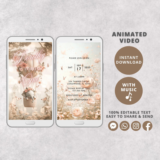 Elephant Hot Air Balloon Birthday Video Invitation,Animated Girl Invite, Editable Party Invite, Digital Invitation Template,Instant Download - SAVVY PAPER CO