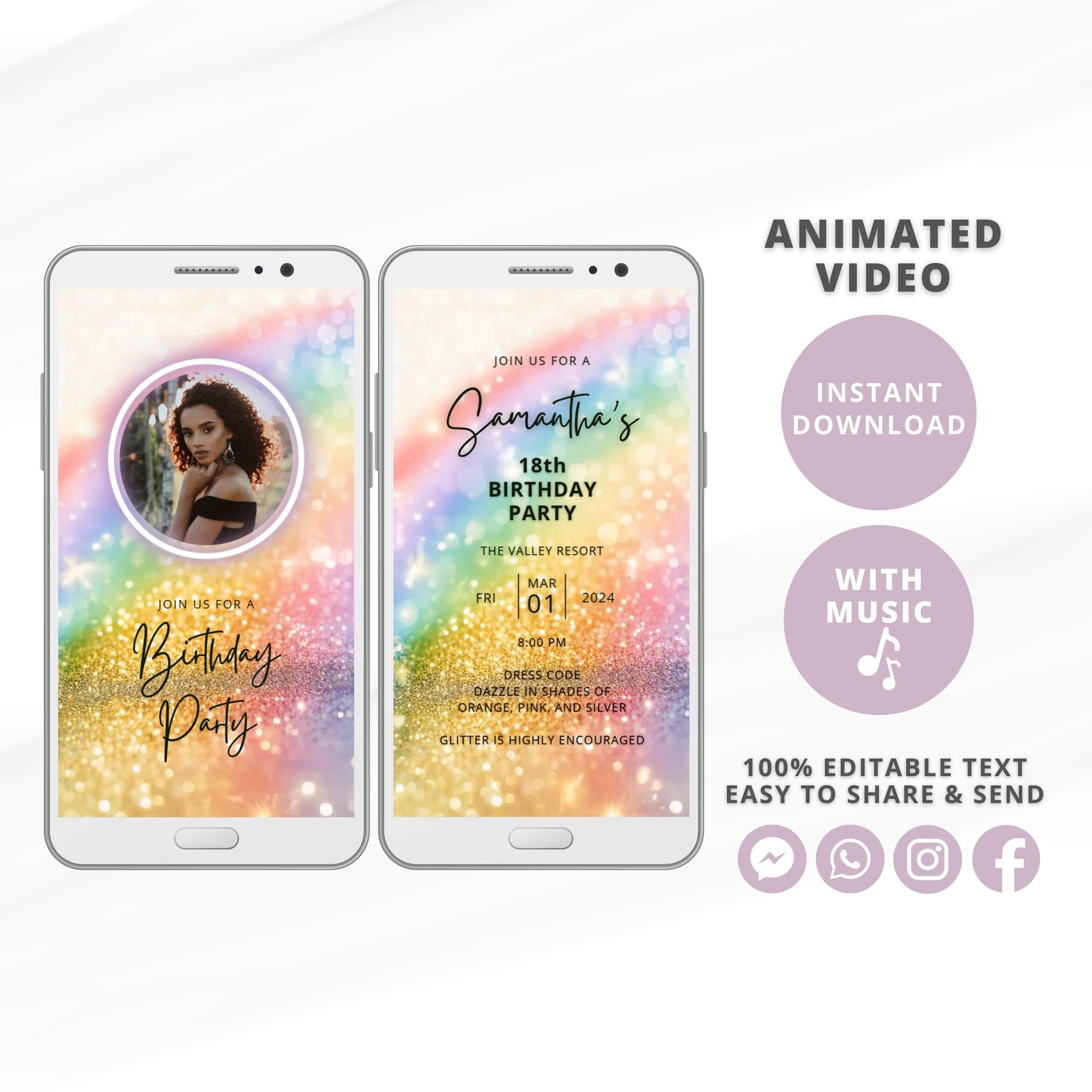 Custom Neon Glitter Birthday Video Invite - Sparkling Rainbow Animation Instant Download Birthday Evite