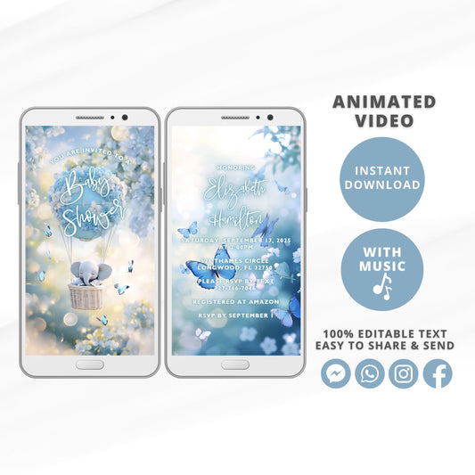 Elephant Hot air balloon Baby Shower Video Invitation, Animated Boy Invite, Editable Party Invite, Digital Invitation Template Download