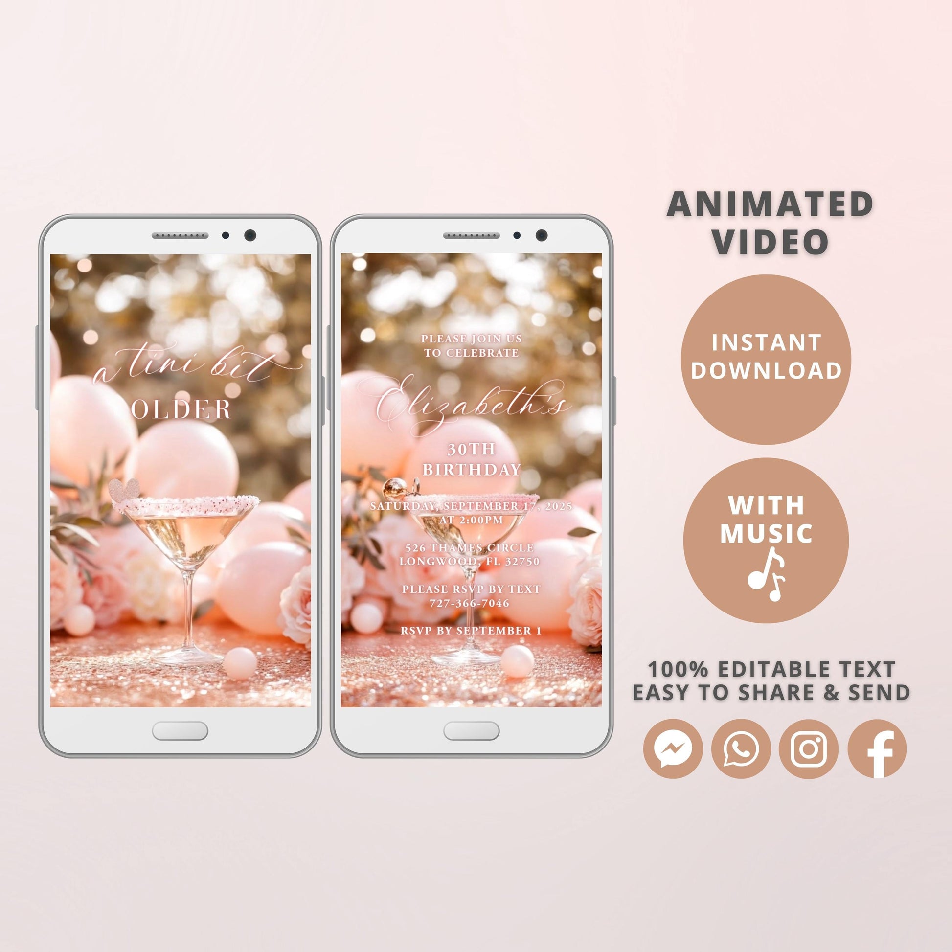 Animated Martini Birthday Invitation - A Tini Bit Older - Digital Invite for Her, Adult Birthday Party, Editable & Instant Download