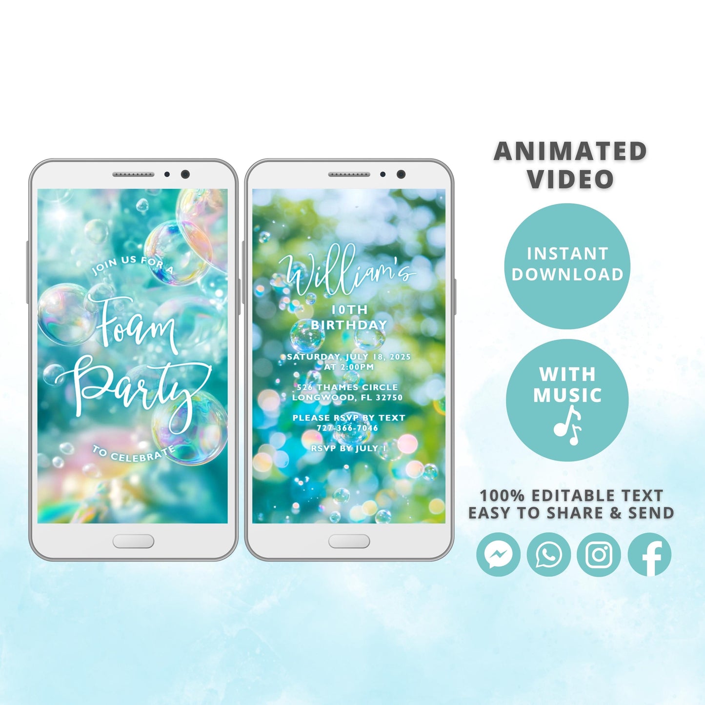 Foam Party Video Invitation Kids | Digital Birthday Invite | Summer Pool Party Evite