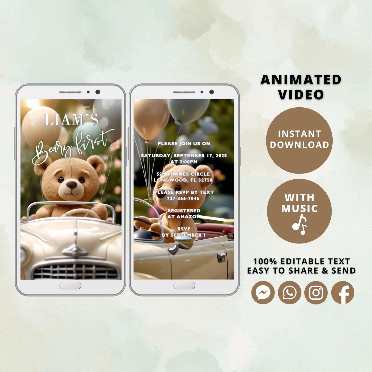 Beary First Birthday Video Invitation, Animated Digital Invite, Editable Bear Birthday Evite, Instant Download Template