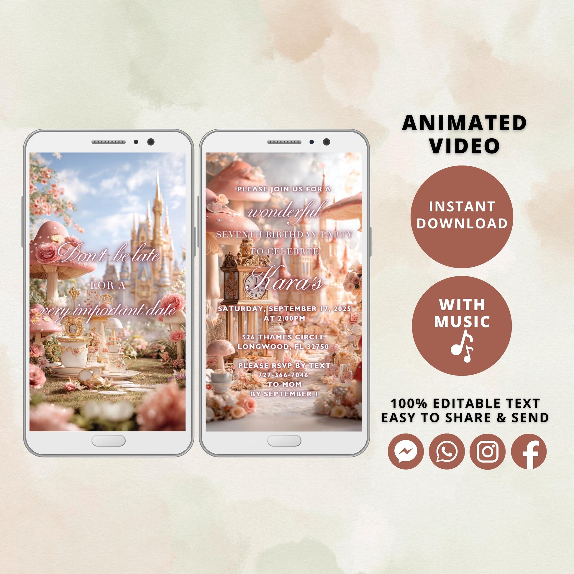 Editable Wonderland Birthday Invitation, Girl 6th Birthday Video, Digital Party Evite Template