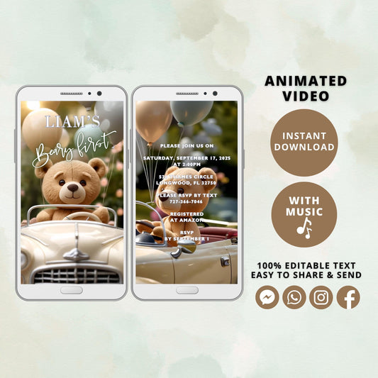 Beary First Birthday Video Invitation, Animated Digital Invite, Editable Bear Birthday Evite, Instant Download Template
