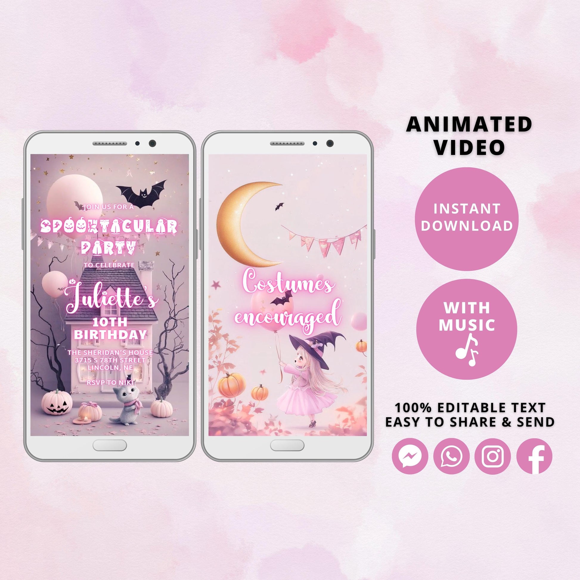 Pink Spooktacular Halloween Birthday Video Invitation for Girls – Girly Halloween Party Evite – Editable Digital Invite Template