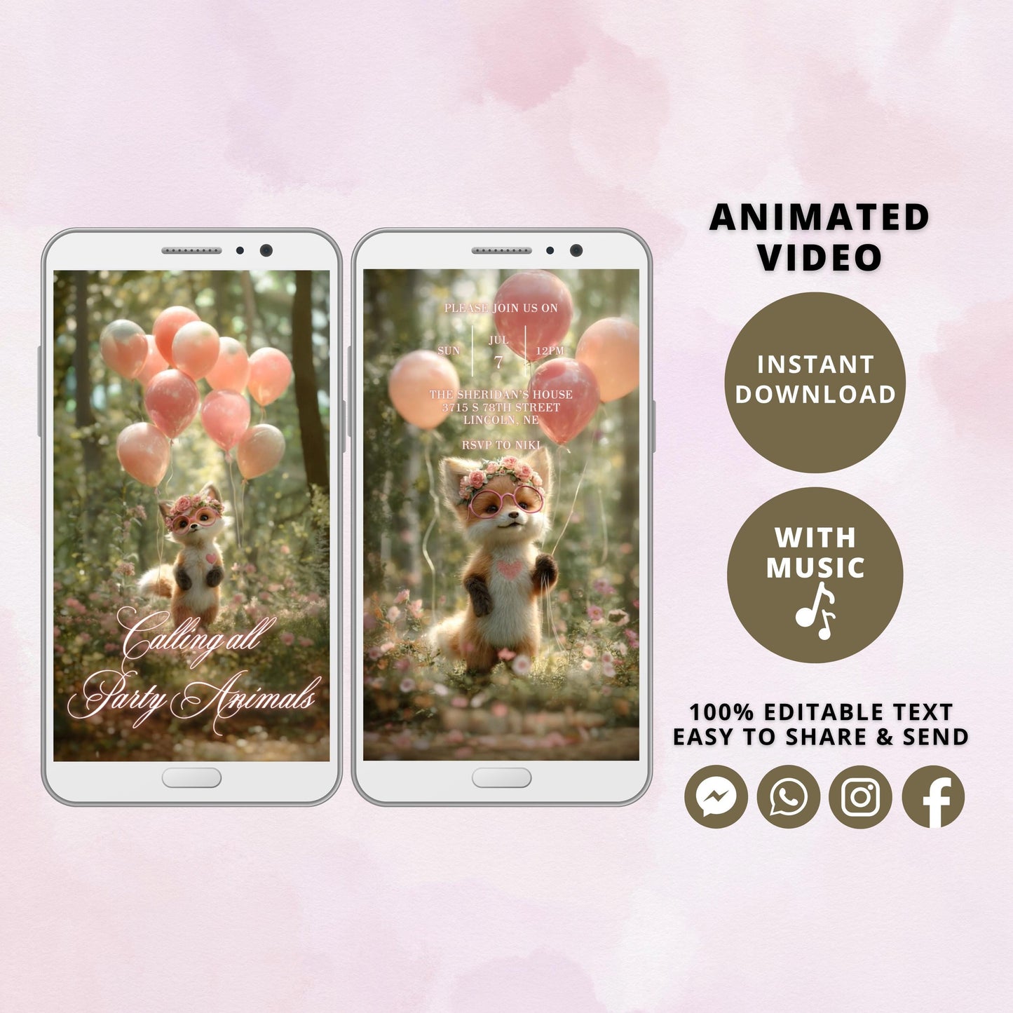 Editable Fox Birthday Video Invitation, Girl Animal Party Evite with Balloons & Glasses, Kids Party Template