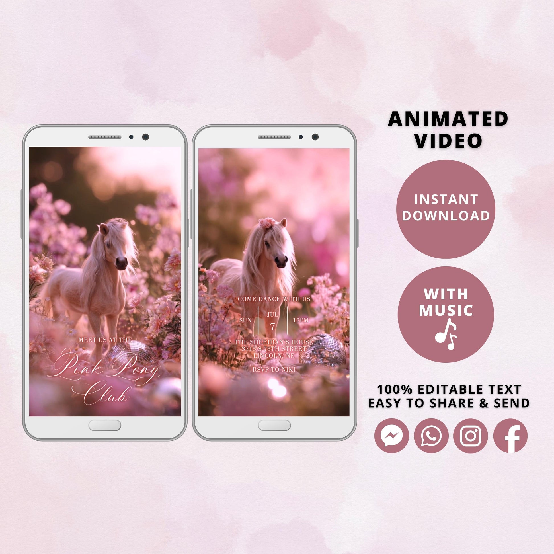 Disco Ball Pink Pony Birthday Video Invite, Girl 6th Party Canva Template, Editable Animated Evite