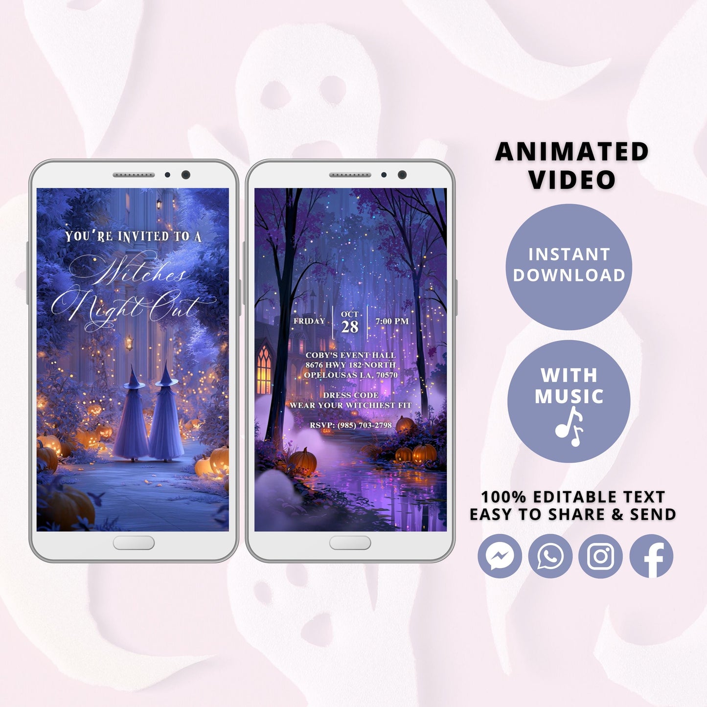 Gothic House Witches Night Out Halloween Birthday Invitation Video, Mystical Moonlight Pumpkins Lanterns Purple Flowers MP4