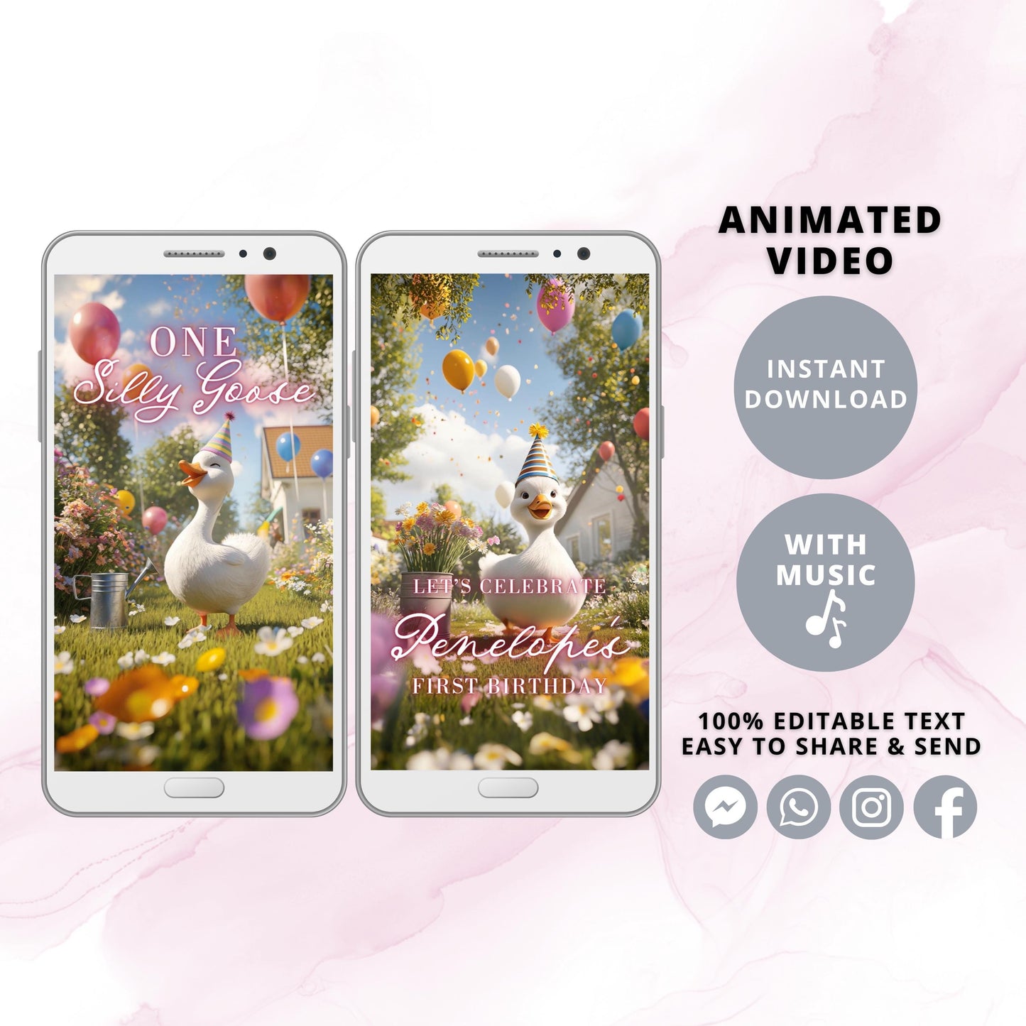 One Silly Goose First Birthday Invitation Animated Video Spring Summer Balloons Party MP4