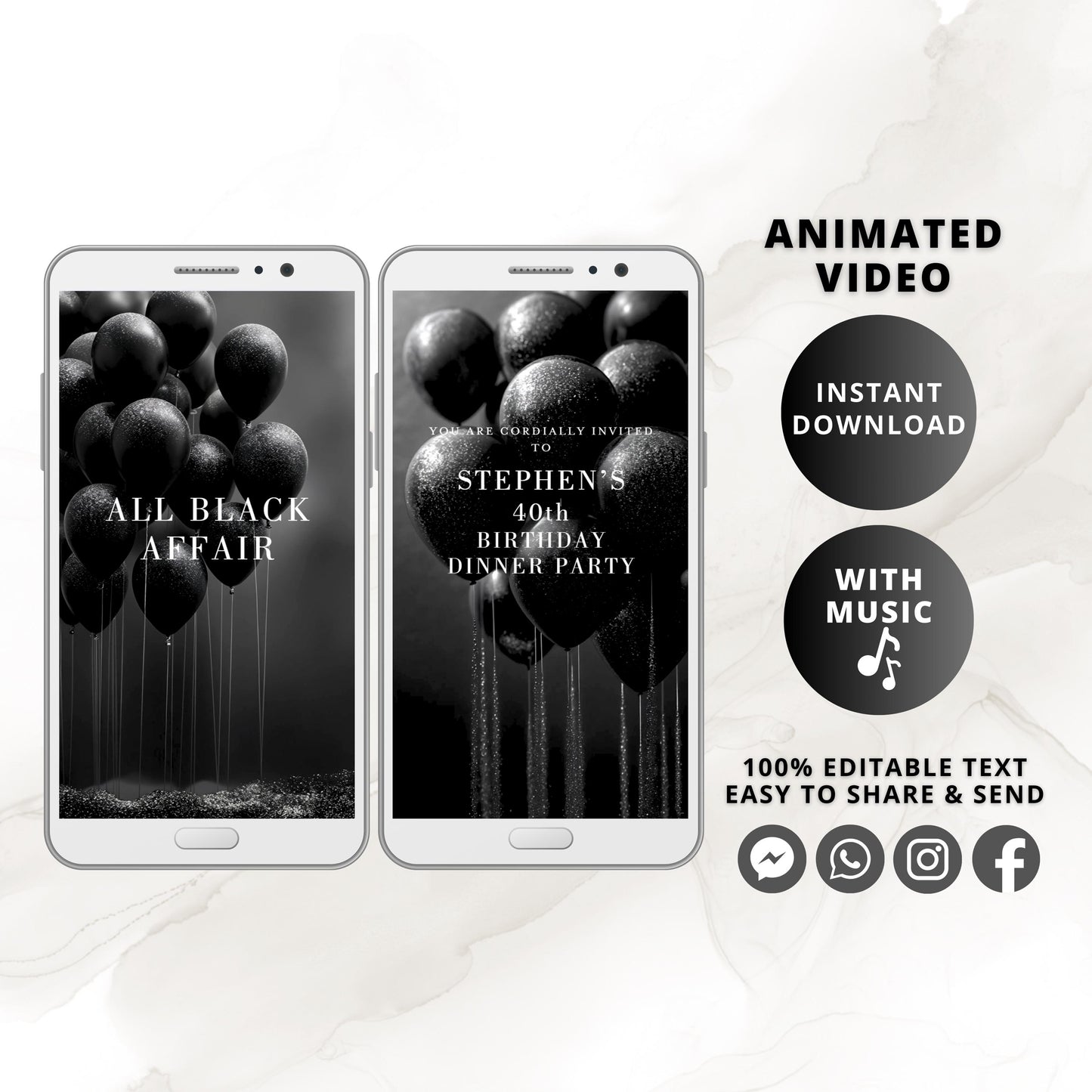 All Black Affair Birthday Invitation Video, Elegant Black Tie Party Animated MP4 Evite, Formal Glitter Editable Invite for Men