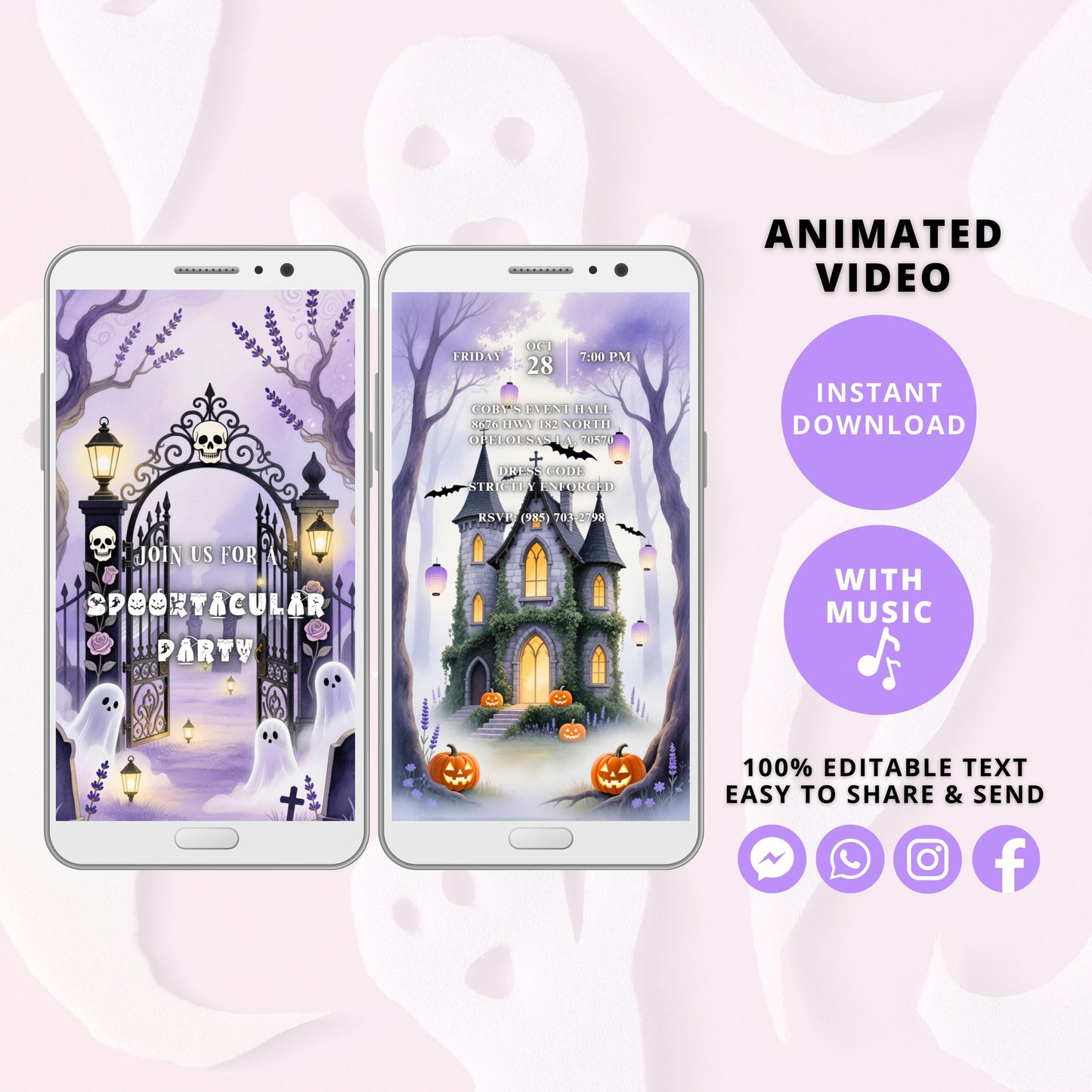 Lavender Pastel Spooky Halloween Birthday Invitation Video, Floral Animated MP4, Cozy Soft Halloween Party Invite