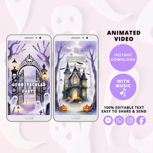 Lavender Pastel Spooky Halloween Birthday Invitation Video, Floral Animated MP4, Cozy Soft Halloween Party Invite
