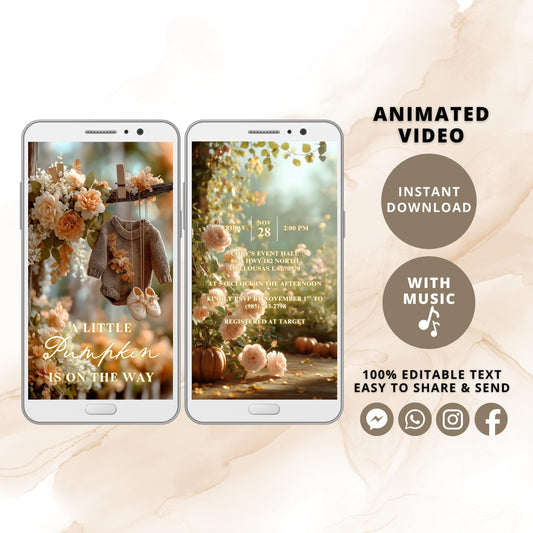 Little Pumpkin Baby Shower Video Invitation | Fall Gender Neutral Evite | Animated Canva Invite