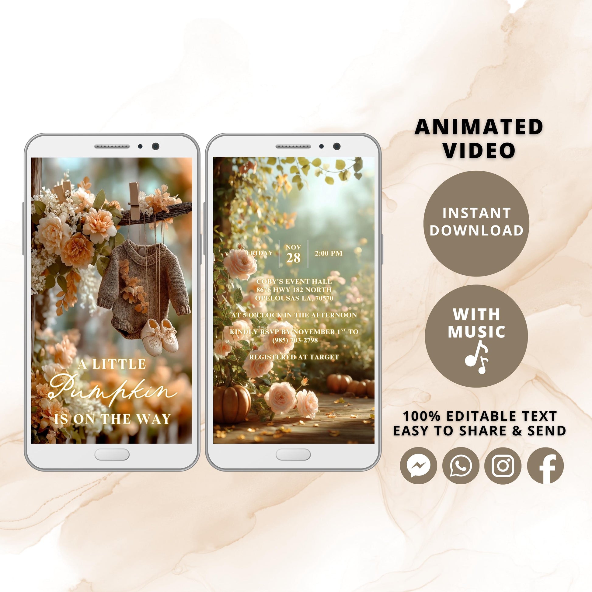 Little Pumpkin Baby Shower Video Invitation | Fall Gender Neutral Evite | Animated Canva Invite