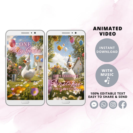 One Silly Goose First Birthday Invitation Animated Video Spring Summer Balloons Party MP4
