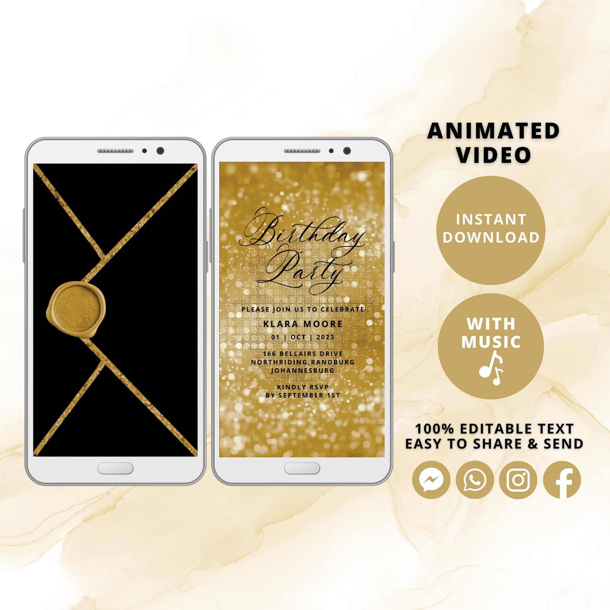 Golden Glitter Sparkle Birthday Invitation Animated Video MP4