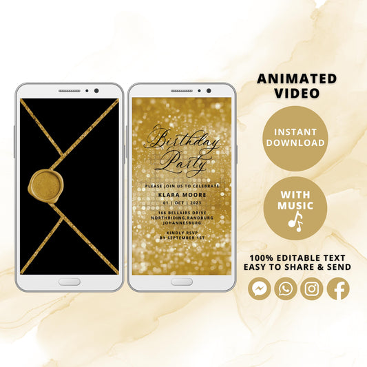 Golden Glitter Sparkle Birthday Invitation Animated Video MP4