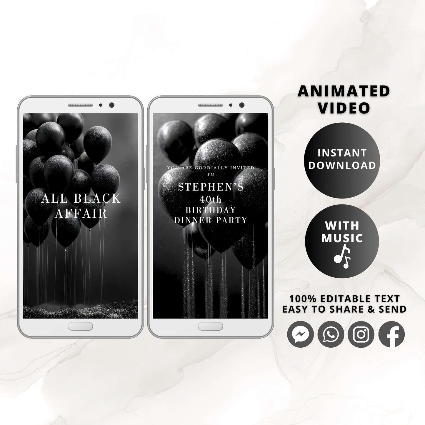 All Black Affair Birthday Invitation Video, Elegant Black Tie Party Animated MP4 Evite, Formal Glitter Editable Invite for Men