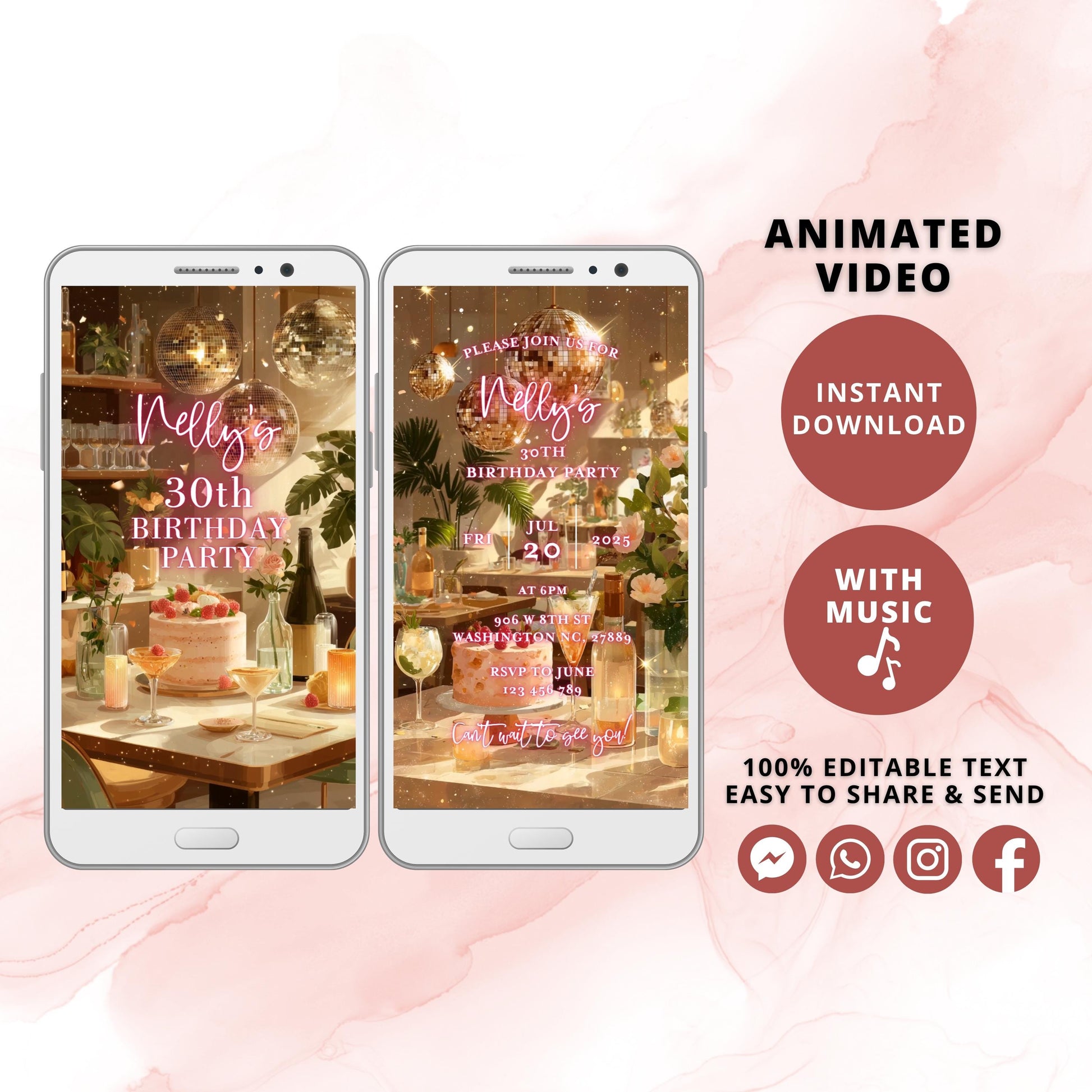 Pink Disco Birthday E-Invite | Animated Video | Editable Template | Digital Download | Women’s Party