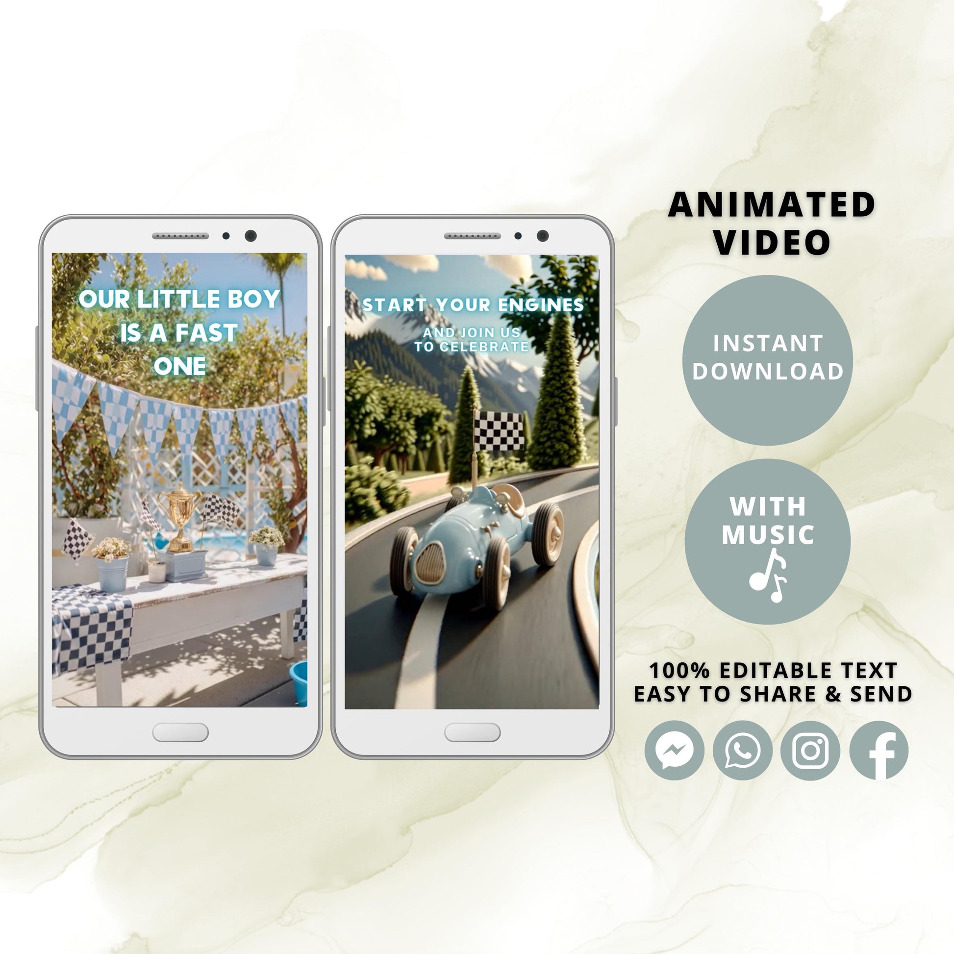 Race Car Birthday Invitation | Editable Fast One Invite | Retro Racing Theme | 1st Birthday Party Video Evite | Digital Animated Template