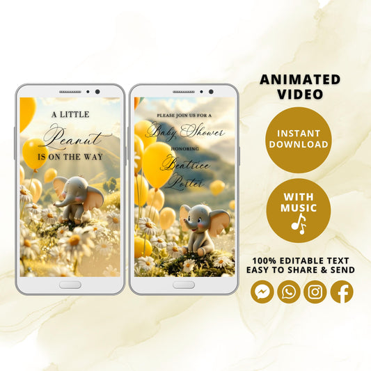 Elephant Daisies & Balloons Baby Shower Animated Video Invitation | Digital Download | Gender Neutral Baby Invite