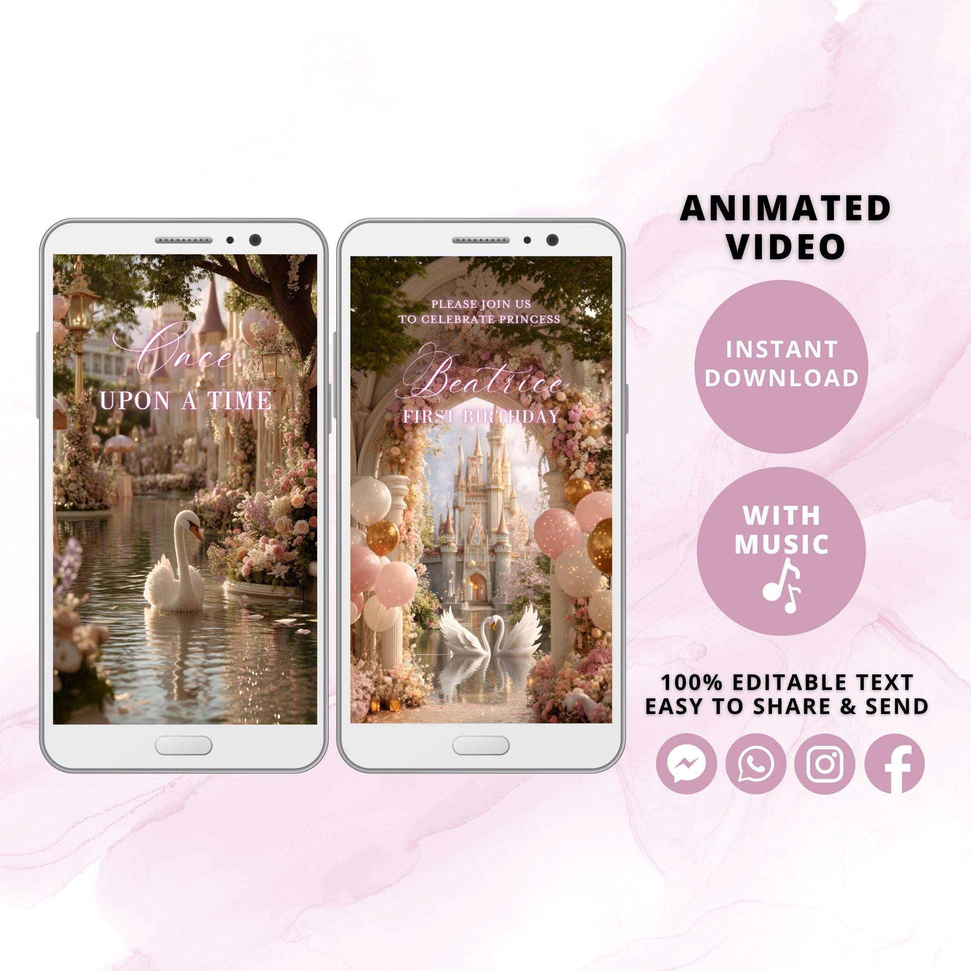 Princess 1st Birthday Video Invitation | Castle & Swan Glitter | Self-Editable Digital Template