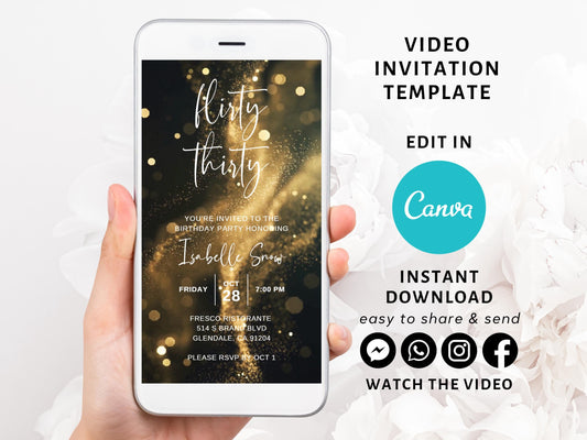 Gold Glitter Flirty Thirty Birthday Invitation, Editable Invite Template, Electronic 30th Birthday Invite, Digital Evite Instant Download