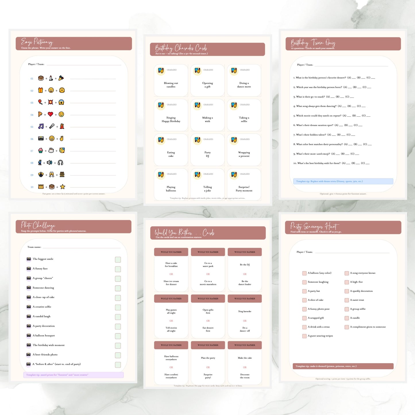 Birthday Party Games Template Editable in Canva | Printable Birthday Game Cards | Instant Download Digital Party Activities