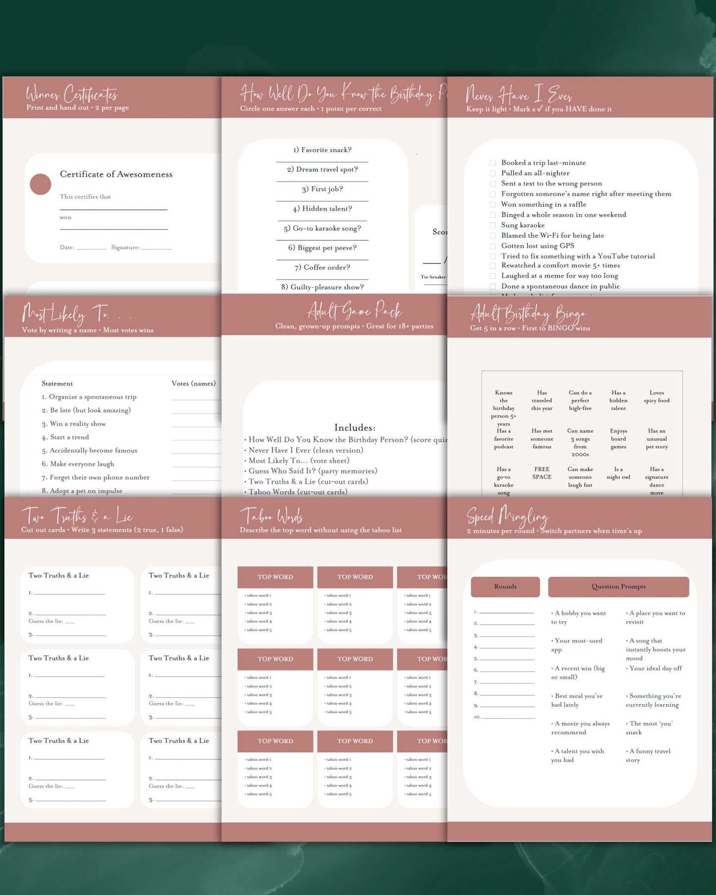 Adult Birthday Games Printable | Party Game Bundle for Adults | Bingo + Quiz + Icebreakers | Instant Download