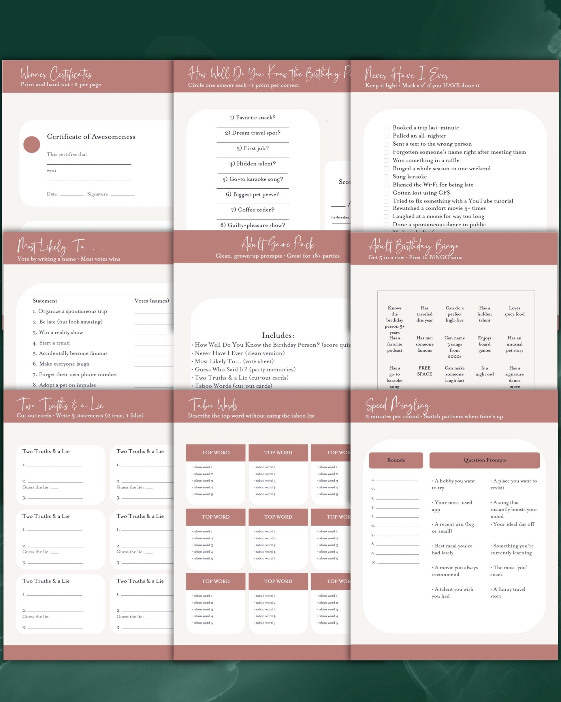 Adult Birthday Games Printable | Party Game Bundle for Adults | Bingo + Quiz + Icebreakers | Instant Download