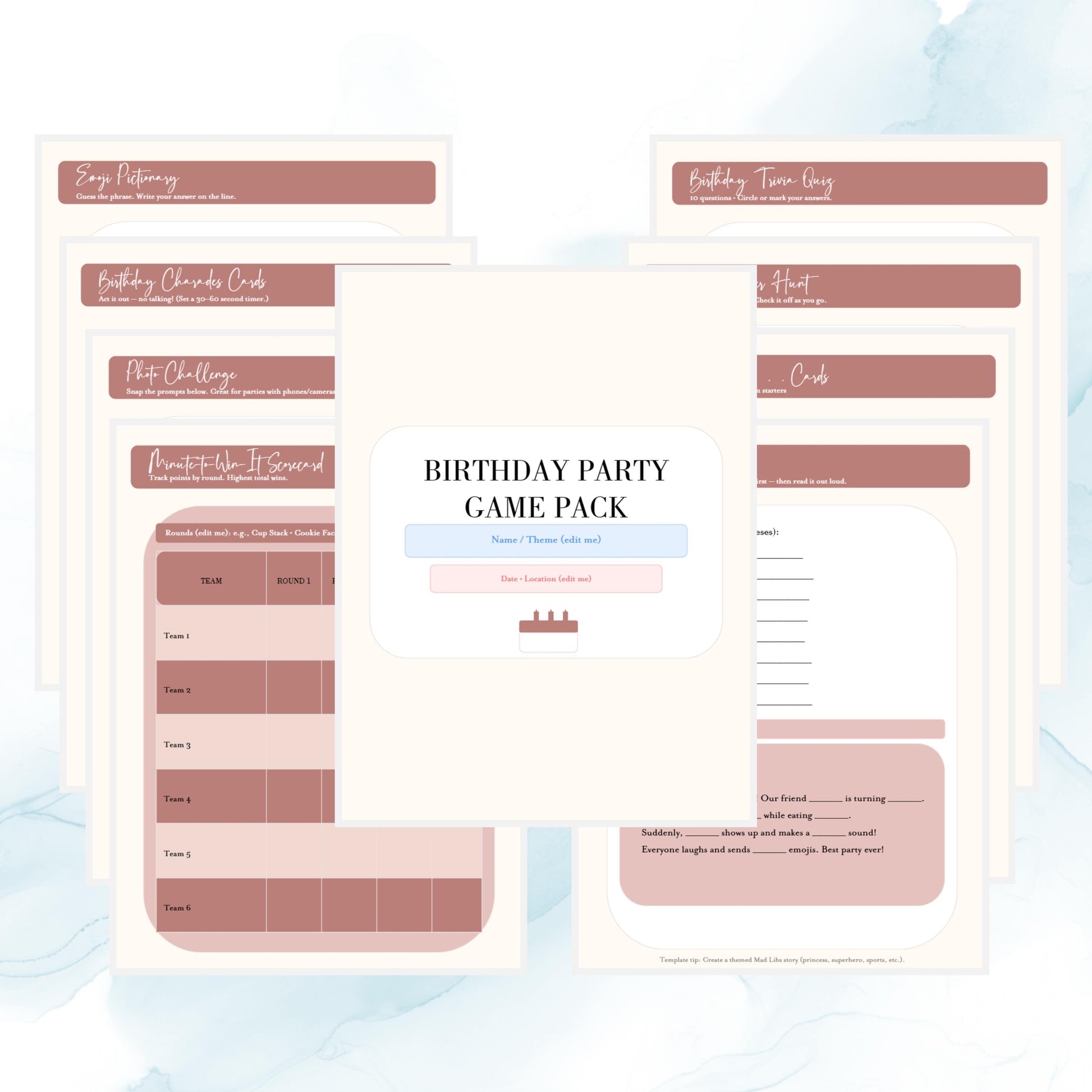 Birthday Party Games Template Editable in Canva | Printable Birthday Game Cards | Instant Download Digital Party Activities