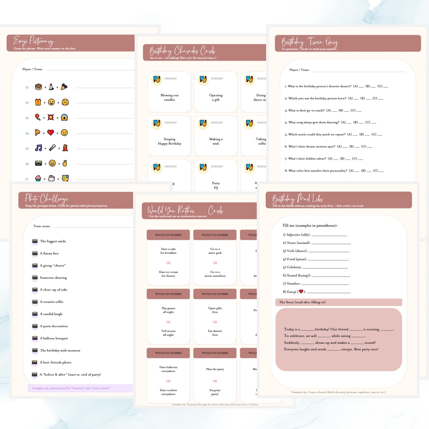 Birthday Party Games Template Editable in Canva | Printable Birthday Game Cards | Instant Download Digital Party Activities