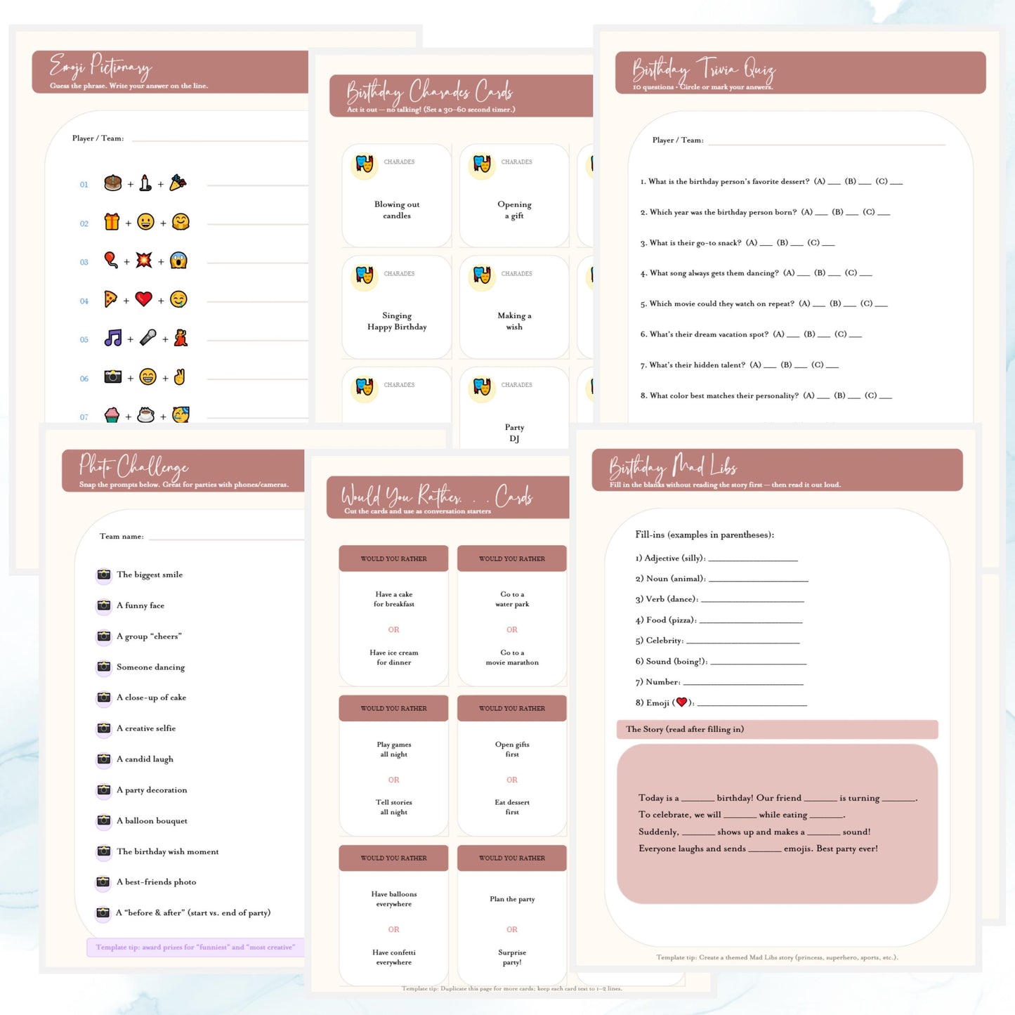 Birthday Party Games Template Editable in Canva | Printable Birthday Game Cards | Instant Download Digital Party Activities