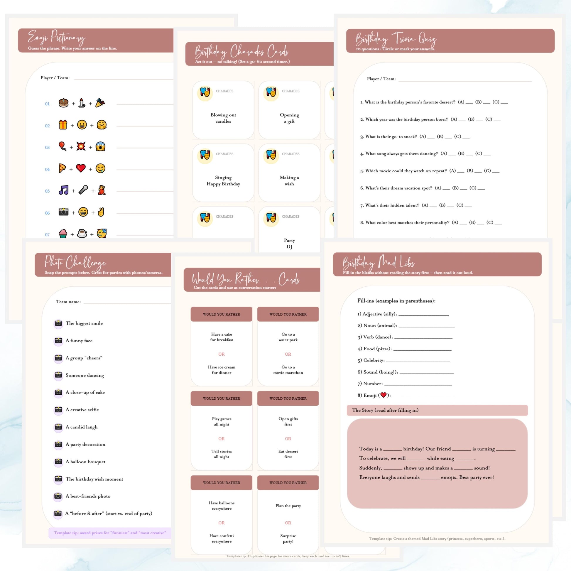 Birthday Party Games Template Editable in Canva | Printable Birthday Game Cards | Instant Download Digital Party Activities