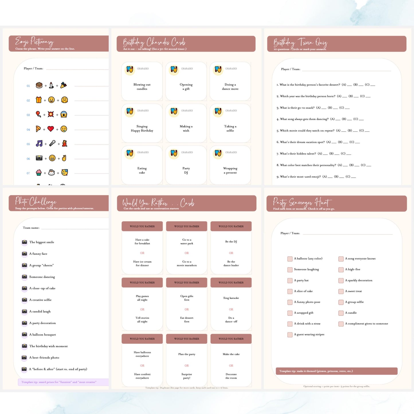 Birthday Party Games Template Editable in Canva | Printable Birthday Game Cards | Instant Download Digital Party Activities