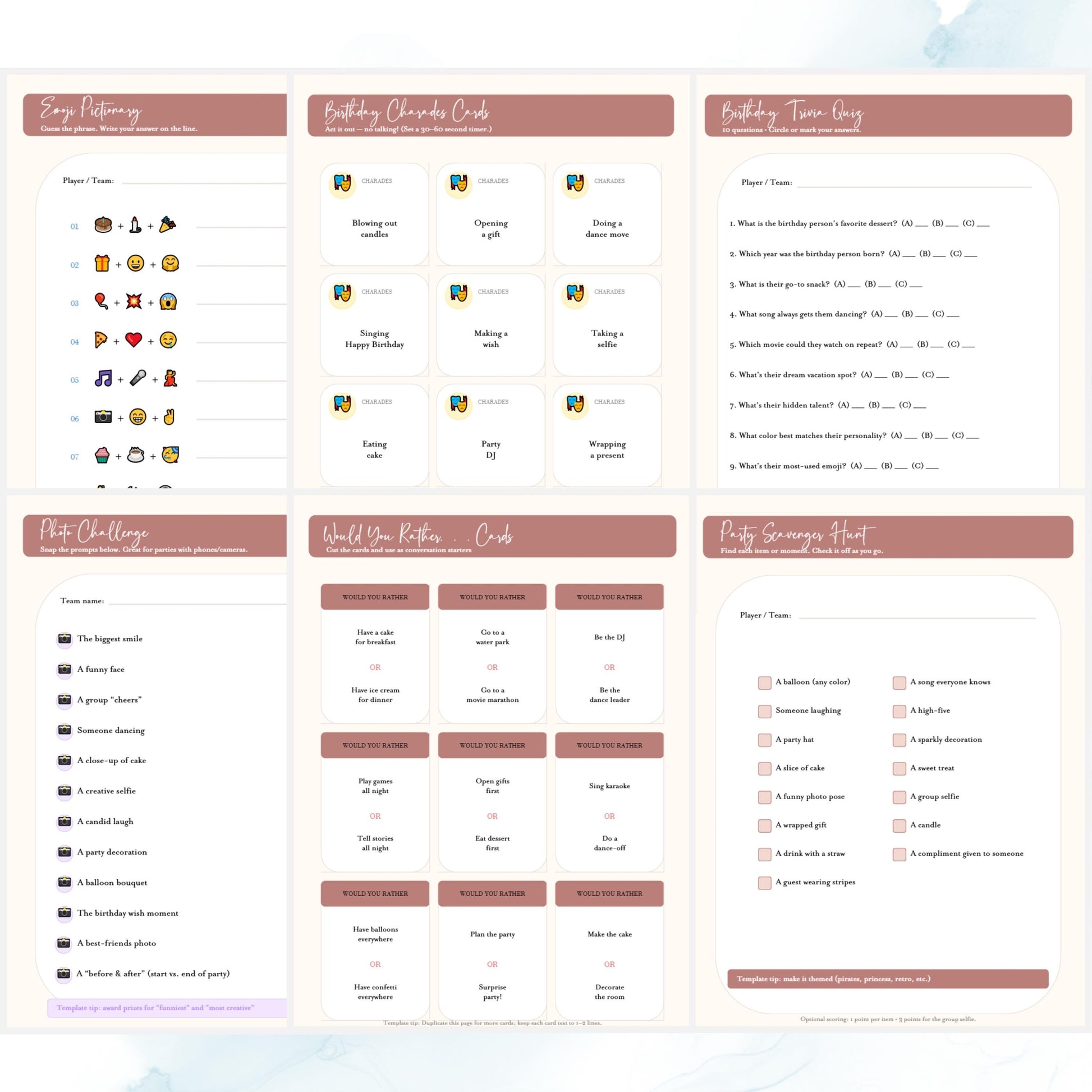 Birthday Party Games Template Editable in Canva | Printable Birthday Game Cards | Instant Download Digital Party Activities