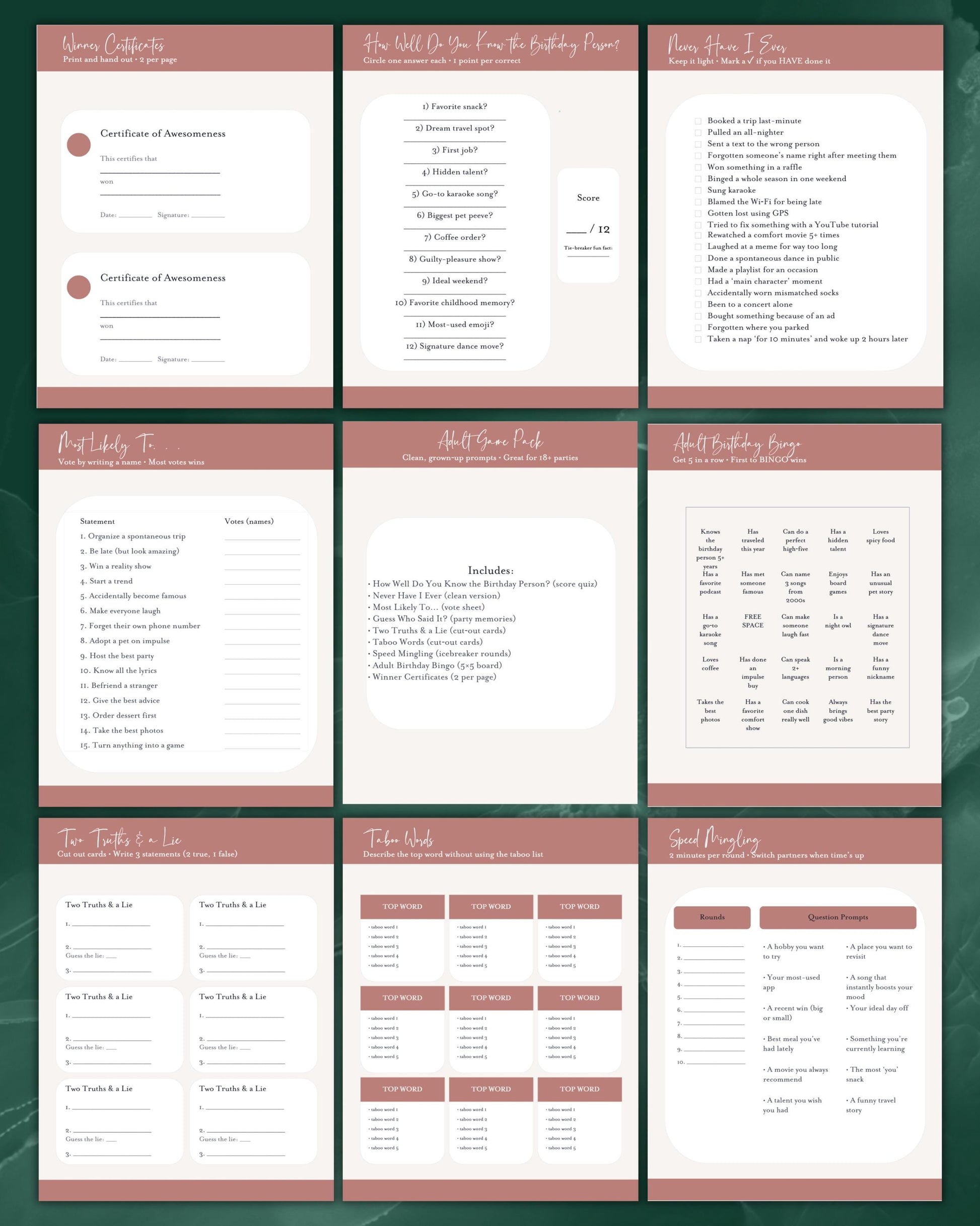 Adult Birthday Games Printable | Party Game Bundle for Adults | Bingo + Quiz + Icebreakers | Instant Download