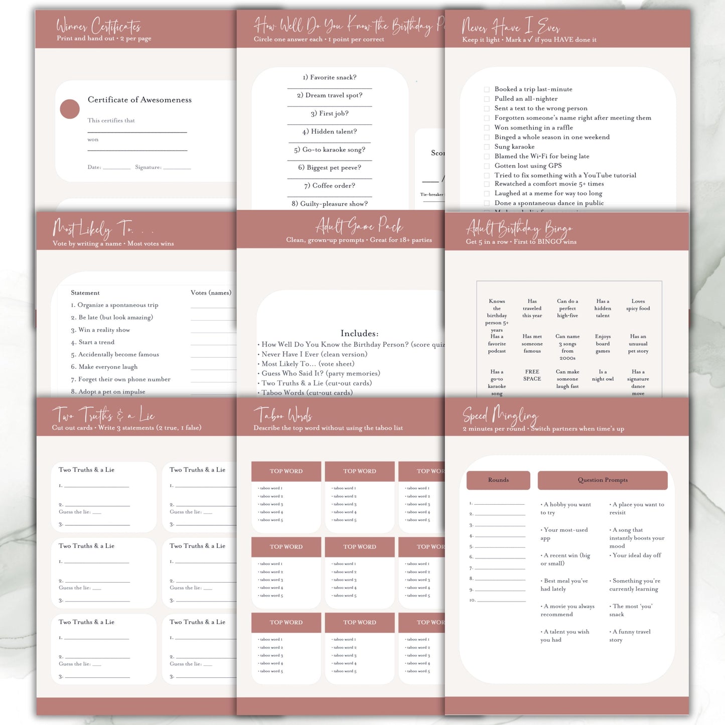 Adult Birthday Games Printable | Party Game Bundle for Adults | Bingo + Quiz + Icebreakers | Instant Download