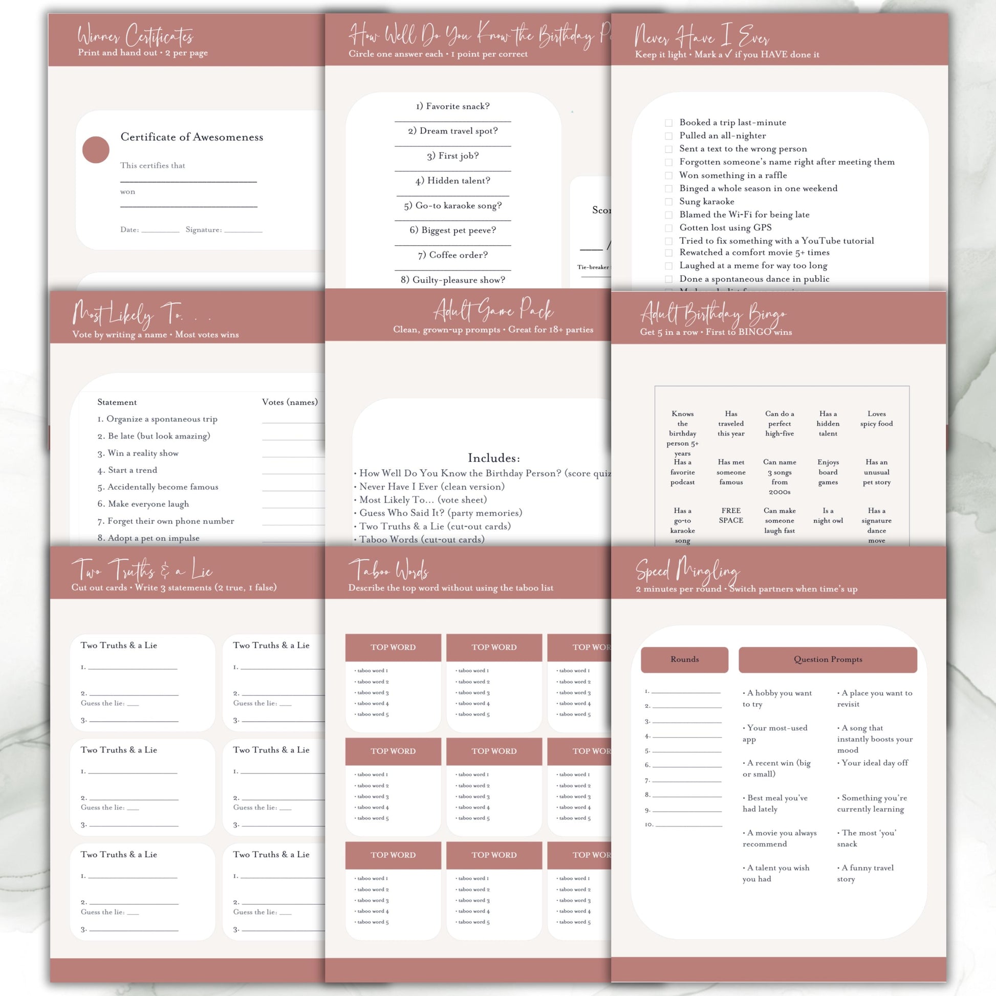 Adult Birthday Games Printable | Party Game Bundle for Adults | Bingo + Quiz + Icebreakers | Instant Download